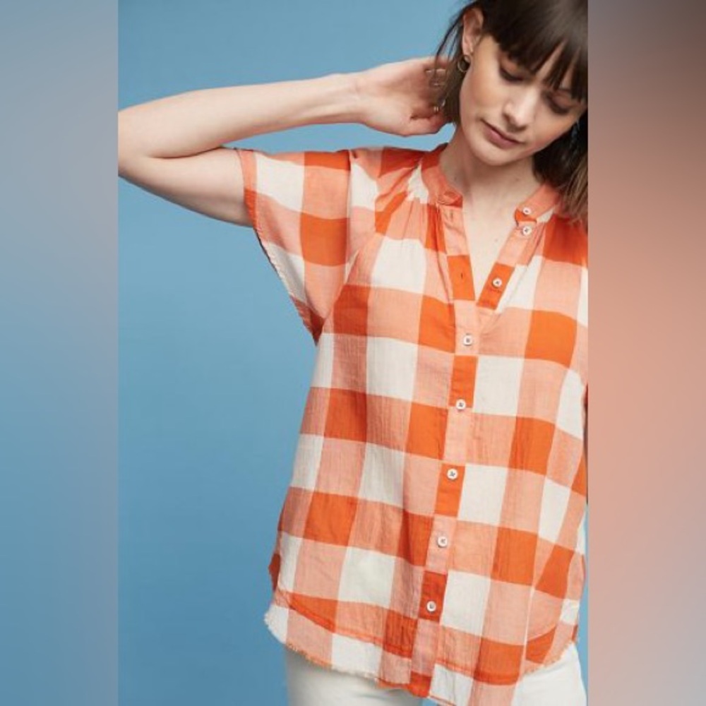 Maeve Orange and White Gingham Button-Front Blouse Size Small